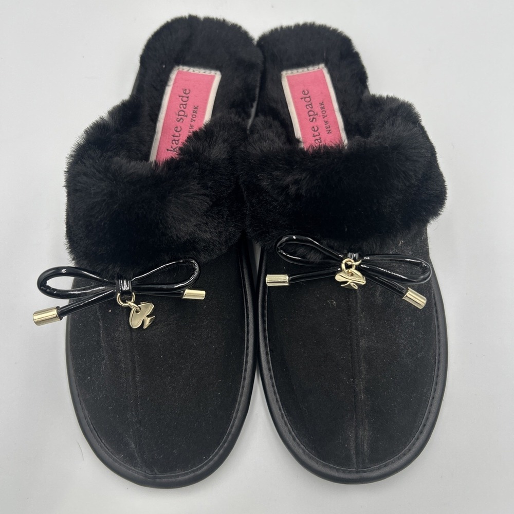 Kate Spade New York Lacey Black Faux Fur & Leather Slippers Bow Tie Comfort Sz 6